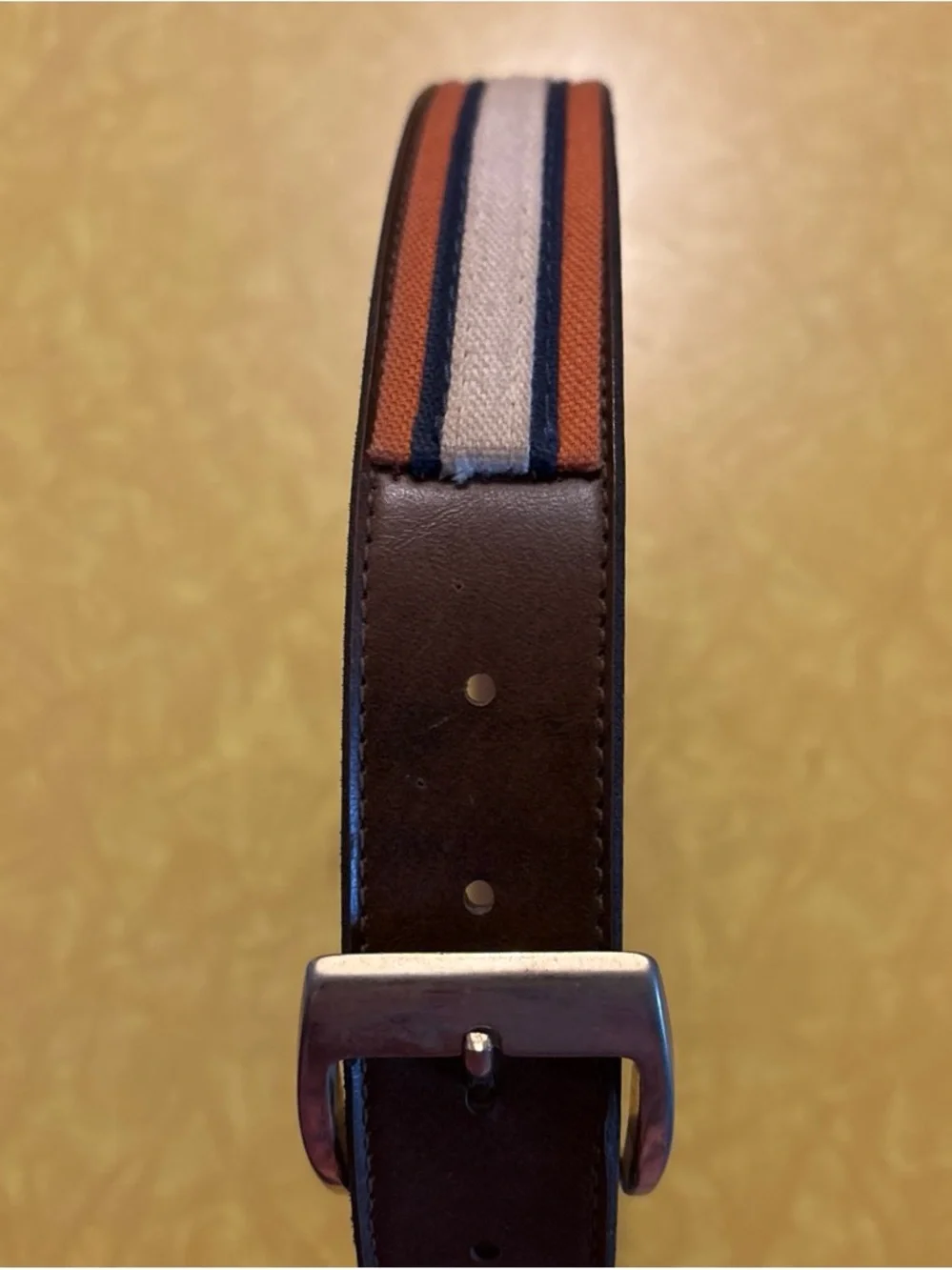 Striped Fabric & Brown Leather Belt
